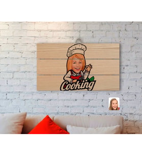 BK Gift Kişiye Özel Kadın Chef Karikatürlü Otantik Ahşap Palet Tablo-14