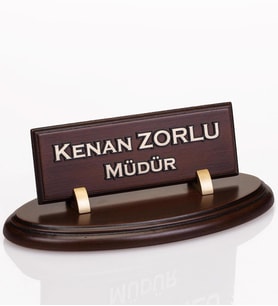 Oval Ahşap Masa İsimliği Kabartma Yazılı Ofis Masa İsimlik (Kahverengi)