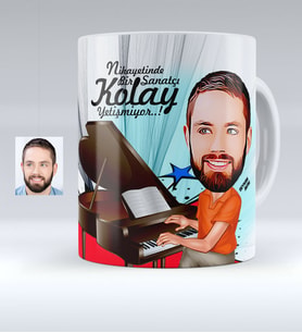 BK Gift Kişiye Özel Bay Piyanist Karikatürlü Beyaz Kupa Bardak  1