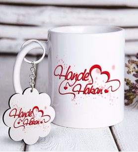 BK Gift Kişiye Özel Sevgililer Günü Beyaz Kupa ve Anahtarlık Hediye Seti-13 (Model 1)