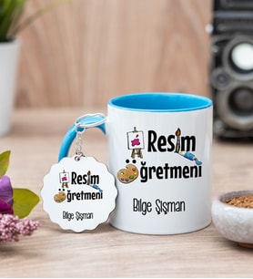 Resim Öğretmeni Mavi Kupa Bardak Ve Anahtarlık Set