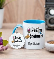 Resim Öğretmeni Mavi Kupa Bardak Ve Anahtarlık Set