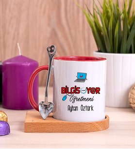 Bilgisayar Öğretmeni Ahşap Altlıklı Kırmızı Kupa Bardak
