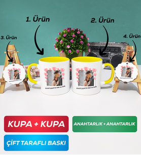 İkili Sarı Sevgiliye Sevgililer Günü Hediyesi 12 Kupa Bardak Anahtarlık