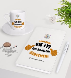 BK Gift Kişiye Özel Fen Bilimleri Öğretmeni Beyaz Defter Kalem Türk Kahvesi Fincanı Seti-1 (Model 1)