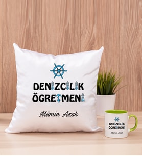 Denizcilik Öğretmeni Kare Yastık ve Yeşil Kupa Bardak