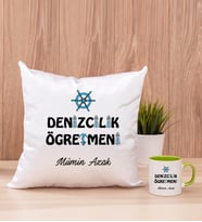 Denizcilik Öğretmeni Kare Yastık ve Yeşil Kupa Bardak