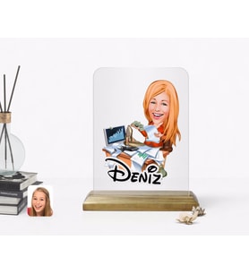 BK Gift Kişiye Özel Kadın Bankacı Karikatürlü Ahşap Standlı Çerçeve (Beyaz)