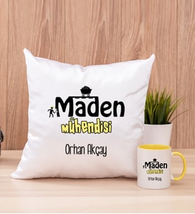 Maden Mühendisi Kare Yastık ve Sarı Kupa Bardak