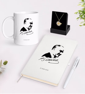 BK Gift Kişiye Özel Atatürk Temalı Beyaz Kupa Defter Kalem ve İsimli Papatya Kolye Hediye Seti-26 (Model 1)