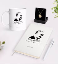 BK Gift Kişiye Özel Atatürk Temalı Beyaz Kupa Defter Kalem ve İsimli Papatya Kolye Hediye Seti-26 (Model 1)
