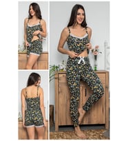 MyBen Kadın Siyah Renkli Dantel Detaylı Şortlu ve Taytlı Pijama Takımı 3'lü Set 75011