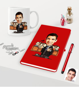 BK Gift Kişiye Özel Bay Avukat Karikatürlü Kırmızı Defter Kalem Kupa Seti - 2 (Model 1)