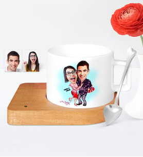 BK Gift Kişiye Özel Sevgililer Karikatür Ahşap Altlıklı Seramik Fincan  2