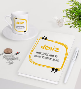 BK Gift Kişiye Özel İsim Anlamı Beyaz Defter Kalem Türk Kahvesi Fincanı Seti-5 (Model 1)