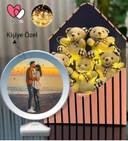 Kişiye Özel Fotoğraflı Premium Led Işıklı Peluş Ayıcık Buketi & Sihirli Ayna Sevgiliye