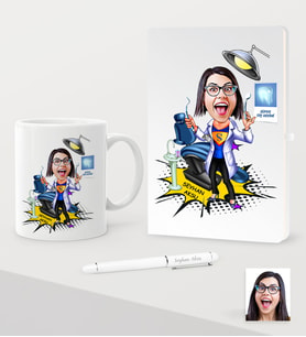 BK Gift Kişiye Özel Bayan Diş Hekimi Karikatürlü Beyaz Defter Kalem Kupa Seti - 1 (Model 1)