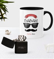 BK Gift Kişiye Özel Yakışıklı Babam Siyah Kupa Bardak Benzinli Metal Çakmak Seti-3 (Model 1)