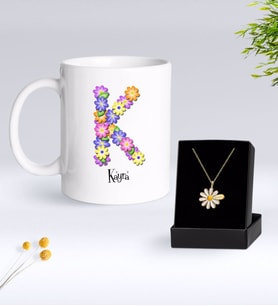 BK Gift Kişiye Özel Çiçek Temalı Harf Kupa ve Papatya Kolye Hediye Seti-13 (Model 1)