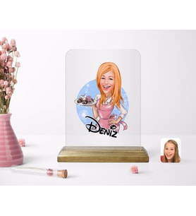 BK Gift Kişiye Özel Kadın Aşçı Karikatürlü Ahşap Standlı Çerçeve-4 (Beyaz)