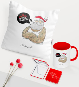 BK Gift Kişiye Özel Yılbaşı Noel Baba Temalı Kırmızı Kupa Ayna Yastık Seti - 4