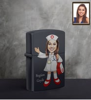 Kişiye Özel Hemşire Karikatürlü UV Baskılı Siyah Benzinli Çakmak Bayan-1