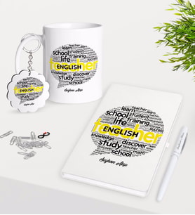 BK Gift Kişiye Özel İngilizce Öğretmeni Kupa Anahtarlık Beyaz Defter Kalem Hediye Seti-13 (Model 1)