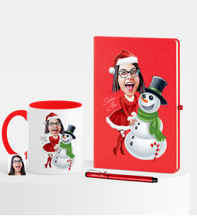 BK Gift Kişiye Özel Yılbaşı Temalı Bayan Karikatürlü Kırmızı Defter Kalem Kupa Seti - 3
