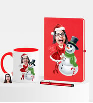 BK Gift Kişiye Özel Yılbaşı Temalı Bayan Karikatürlü Kırmızı Defter Kalem Kupa Seti - 3