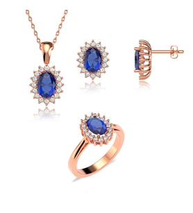 Oval Safir Taşlı Anturaj Pırlanta Montür Rose Gümüş Üçlü Set
