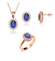 Oval Safir Taşlı Anturaj Pırlanta Montür Rose Gümüş Üçlü Set