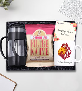 Kişiye Özel Sarı Kırmızı Aslan Tasarımlı Kupa & French Press & Colombian Taze Filtre Kahve Hediye Seti