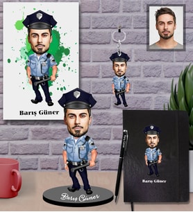 Kişiye Özel Polis Karikatürlü 5 li Hediye Seti Bay-4