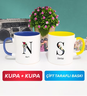 İkili Kişiye Özel Baş Harf ve İsim Yazılı Kupa Bardak Lacivert Sarı