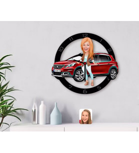 BK Gift Kişiye Özel Plakalı Kadın Peugeot 2008 Karikatürlü Ahşap Duvar Saati-2 (Beyaz)
