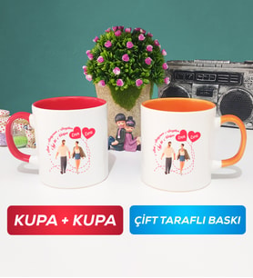 İkili Sevgiliye Sevgililer Günü Hediyesi 4 Kupa Bardak Kırmızı Turuncu