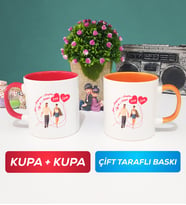 İkili Sevgiliye Sevgililer Günü Hediyesi 4 Kupa Bardak Kırmızı Turuncu