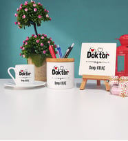 Doktor Hediye Türk Kahvesi Fincanı Kalemlik ve Dekoratif Taş Baskı Hediye Seti