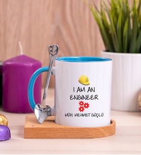 Mühendis Ahşap Altlıklı Mavi Kupa Bardak