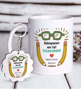 BK Gift Kişiye Özel Dünyanın En İyi Öğretmeni Beyaz Kupa ve Anahtarlık Hediye Seti-22 (Model 1)