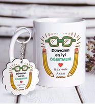 BK Gift Kişiye Özel Dünyanın En İyi Öğretmeni Beyaz Kupa ve Anahtarlık Hediye Seti-22 (Model 1)