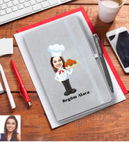 Kişiye Özel Aşçı Karikatürlü Gri Defter Kalem Hediye Seti Bayan-2