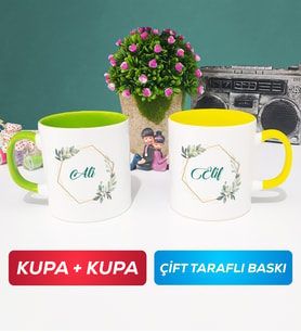 İkili Çiçek Tasarımlı İsme Özel Kupa Bardak Yeşil Sarı