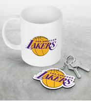 NBA Los Angeles Lakers Beyaz Kupa ve Ahşap Anahtarlık Seti (Model 1)