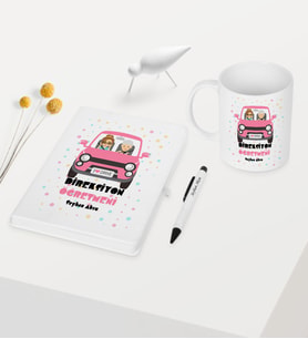 BK Gift Kişiye Özel Direksiyon Öğretmeni Temalı Beyaz Defter Kalem Kupa Seti - 1