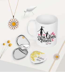 BK Gift Kişiye Özel Annem ve Ben Kupa Kalp Ayna Papatya Kolye Bileklik Seti (Model 1)