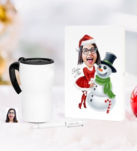 BK Gift Kişiye Özel Yılbaşı Bayan Karikatürlü Beyaz Defter Kalem Termos Mug Seti - 3