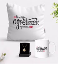 BK Gift Kişiye Özel Online Öğretmen Beyaz Kupa Yastık ve İsimli Papatya Kolye Hediye Seti-1 (Model 1)