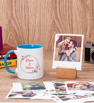 İki İsimli Çiftlere Özel Mavi Kupa Bardak ve Ahşap Standlı Polaroid Set