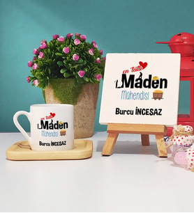 Mesajlı Maden Mühendisi Tasarımlı Kişiye Özel Maden Mühendisi Ahşap Altlıklı Türk Kahvesi Fincanı ve Dekoratif Taş Baskı